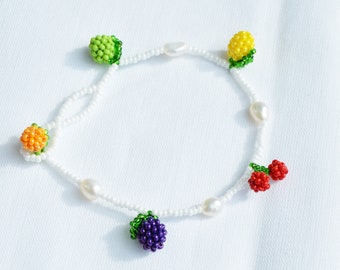 Beaded Bracelet for women  Fruits mixed charms Beads lime, cherry, lemon, plum, orange, gift for her