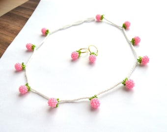 Tiny Pink Strawberry Bead Necklace: Czech Glass Fruit Jewelry