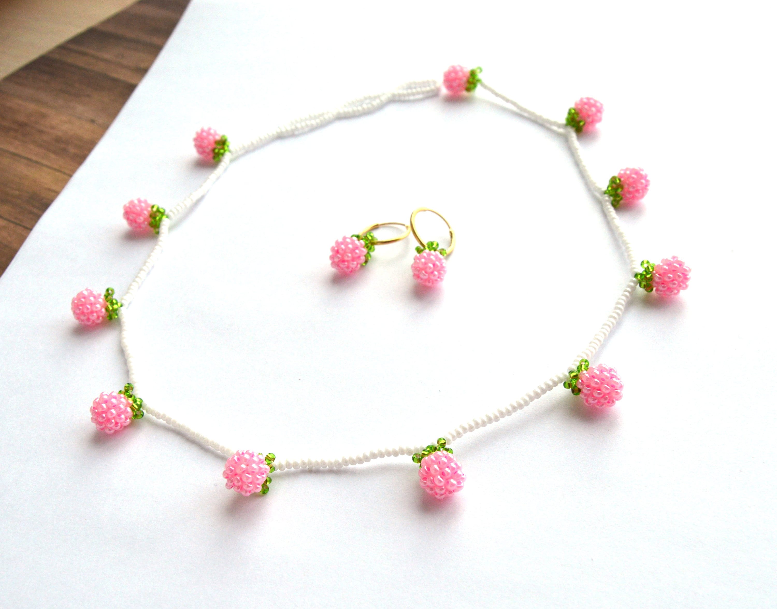 Tiny Pink Strawberry Bead Necklace for Women Fruit Necklace