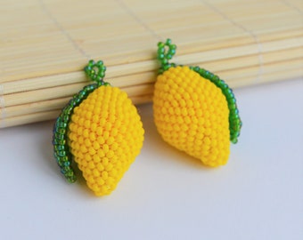 Lemon Beaded  Earrings / Crochet Earrings / Beach wedding / Yellow Dangle Drop Fruit earrings / Funny citrus bead earrings