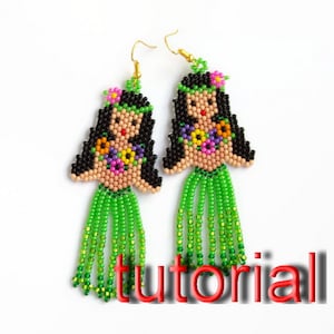 May include: A pair of beaded earrings featuring a hula girl design with green, black, pink, and yellow beads. The earrings have green beaded tassels.