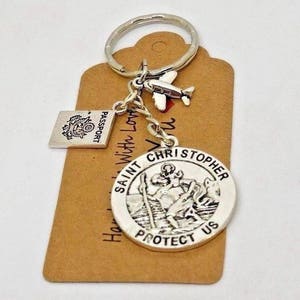 St Christopher patron saint of travellers & aeroplane keyring, travel gap year gift