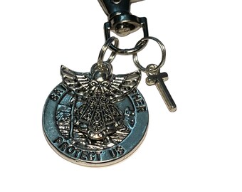 Personalised Saint Christopher & Guardian Angel swivel keyring, bag purse clip on Gift