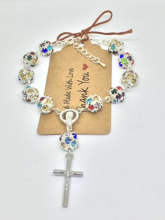 Multi coloured rhinestones Luxury Rosary Bracelet Catholic religious gift