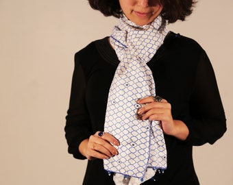 Pure Silk scarf white with blue deign