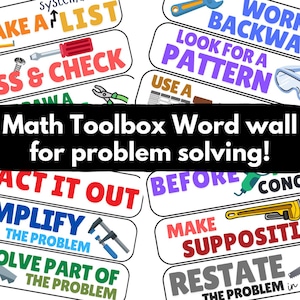 May include: A collection of rectangular cards featuring educational math problem-solving strategies. Each card displays bold text such as Make a List, Work Backward, Guess & Check, and Act It Out, accompanied by colorful illustrations of various hand tools.