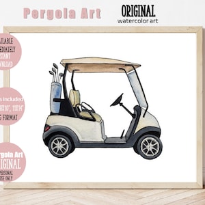 Golf Cart Art Akwarela Golf Car Print, Pojazd Wall Art dla dzieci, Wydrukowany natychmiastowy wydruk sztuki transportu, Golf Wall Art