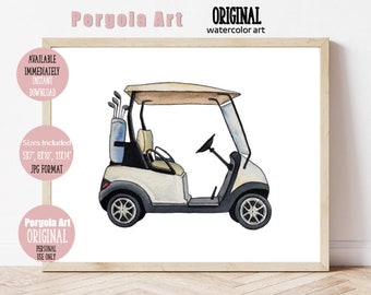 ゴルフカートアート 水彩画 ゴルフカープリント、子供用車両ウォールアート、印刷可能 即時ダウンロード 交通機関アートプリント、ゴルフウォールアート