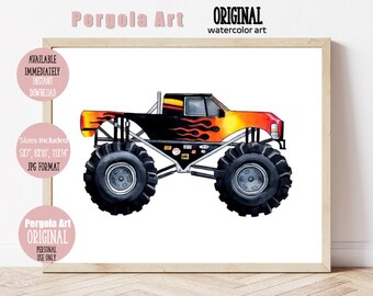 Monster Truck Art, Watercolor Monster Truck Print, Vehicle Art for Kids, Printable Instant Download Transportation Art, Red Monster Truck