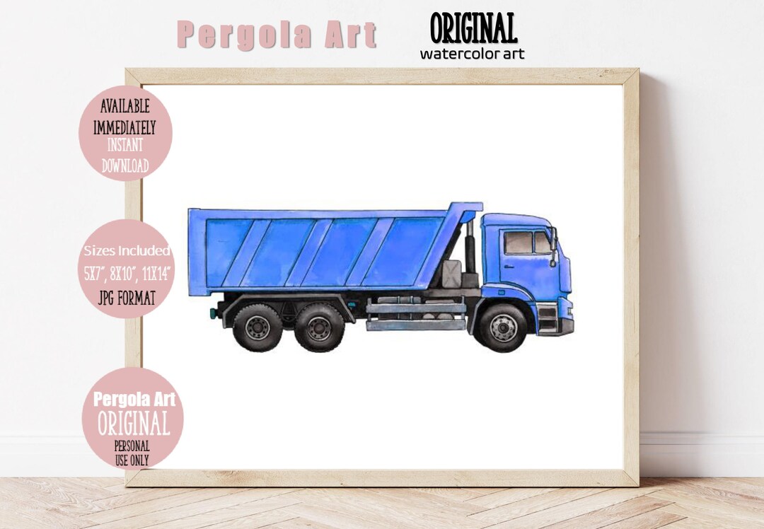 Blue Dump Truck Art, Watercolor Dump Truck Print, Vehicle Art for Kids