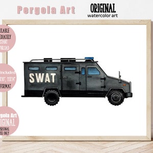 SWAT Truck Art, Watercolor SWAT Print, Vehicle Art for Kids, Printable Instant Download Transportation Art, Police Car Print, SWAT Art Print