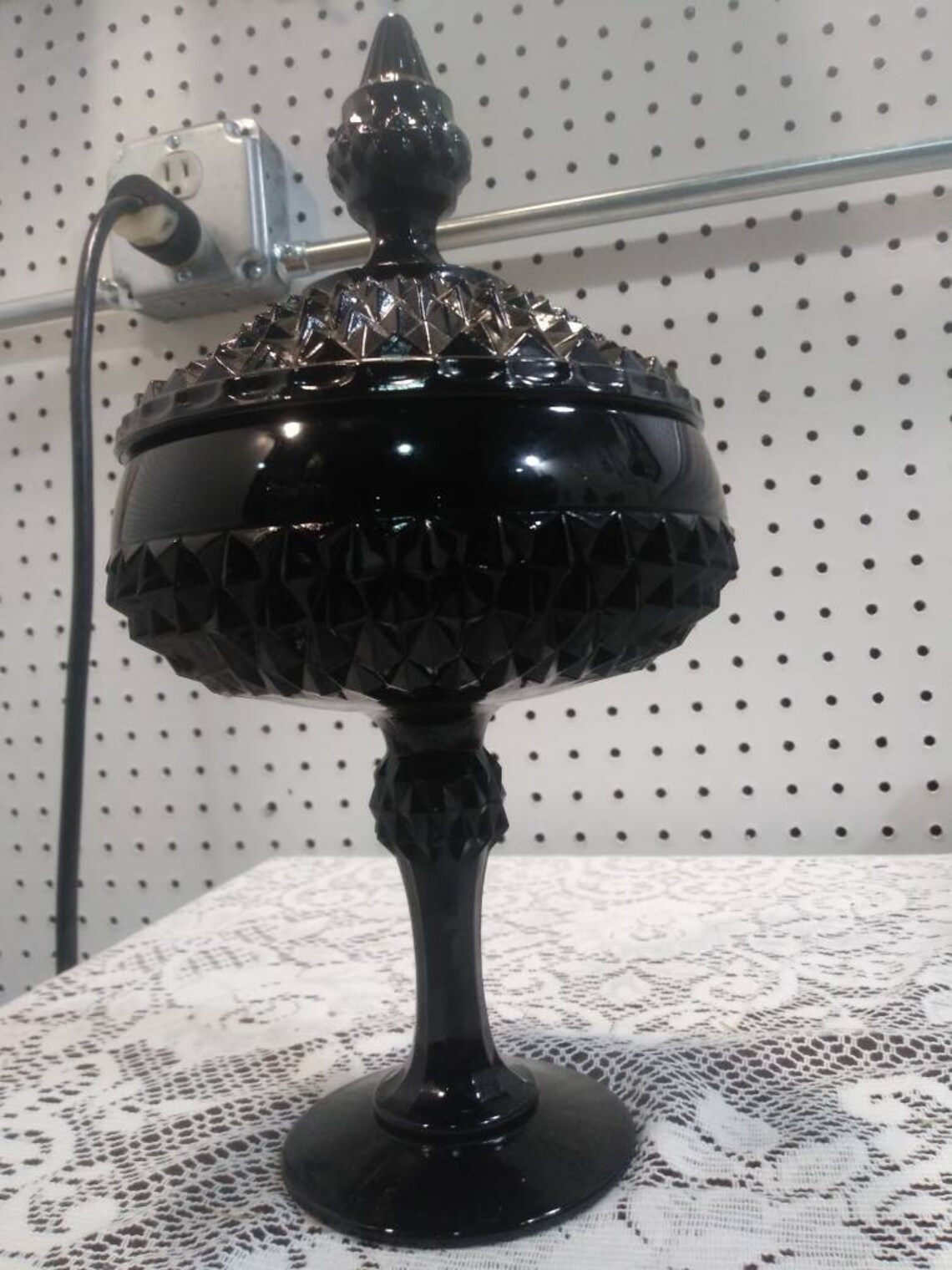 Vintage Black Slag Glass Faceted Candy Dish Compote With Lid Etsy