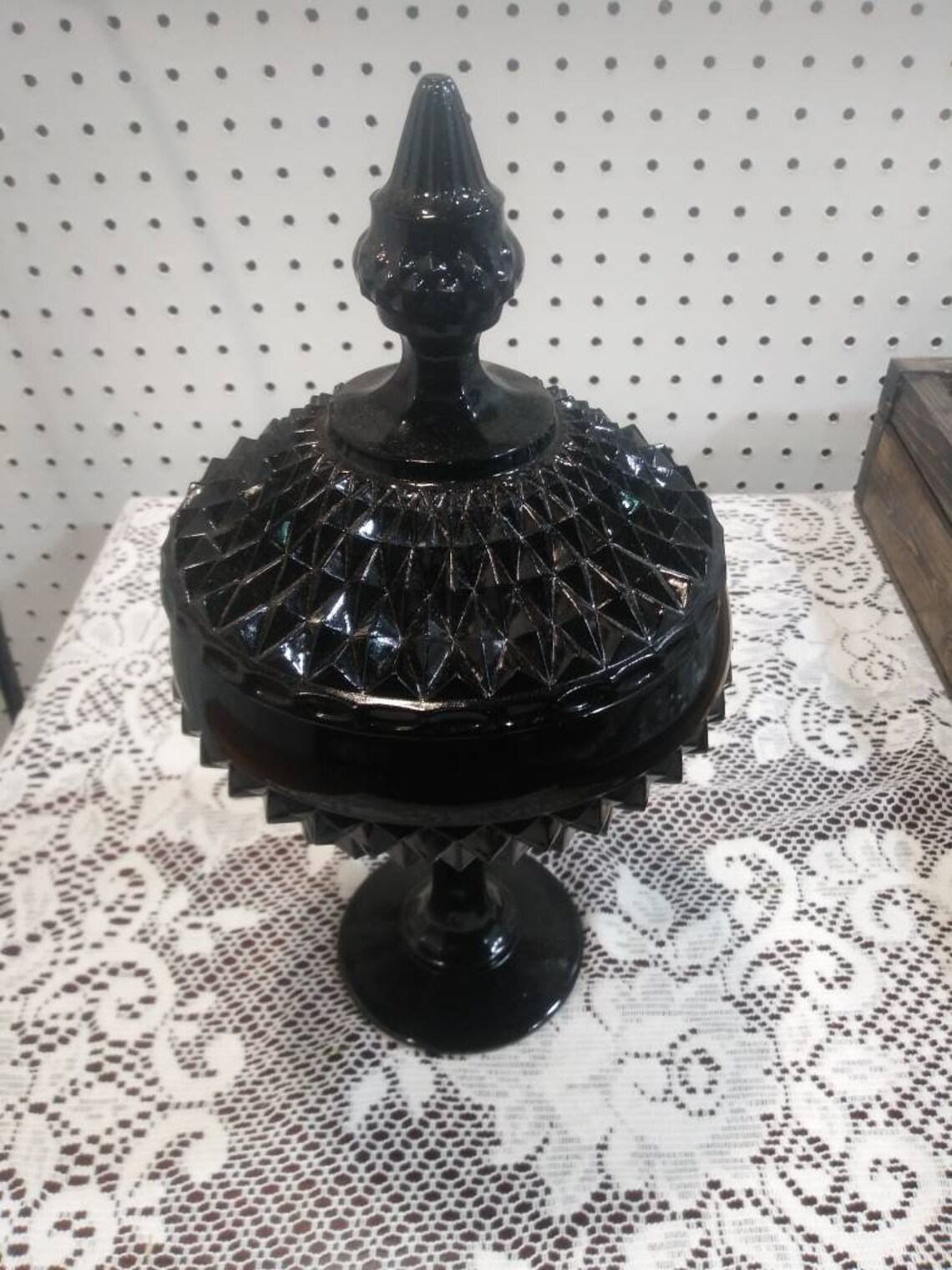 Vintage Black Slag Glass Faceted Candy Dish Compote With Lid Etsy
