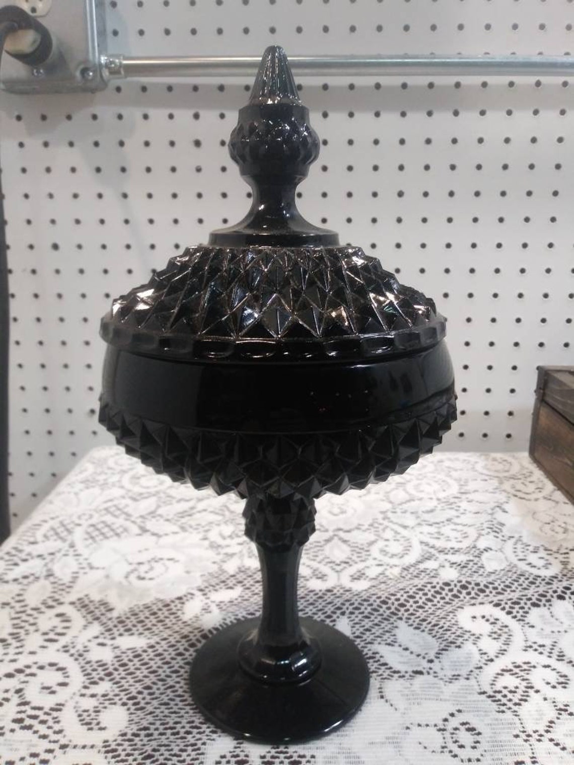 Vintage Black Slag Glass Faceted Candy Dish Compote With Lid Etsy