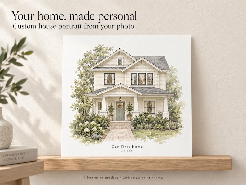 Illustrative mockup of a personalized house portrait from a photo
