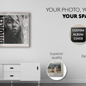 May include: A square wall art print featuring a black and white portrait with the text BROKEN. Additional circular graphics display the text CUSTOM ALBUM COVER, Superior quality, and Ease for Installation, alongside a photo of Elvis Presley.