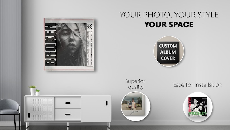 May include: A square wall art print featuring a black and white portrait with the text BROKEN. Additional circular graphics display the text CUSTOM ALBUM COVER, Superior quality, and Ease for Installation, alongside a photo of Elvis Presley.