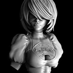 May include: A white bust sculpture of a woman with short, straight hair and a blindfold. The sculpture is wearing a detailed, low-cut top with a decorative design.