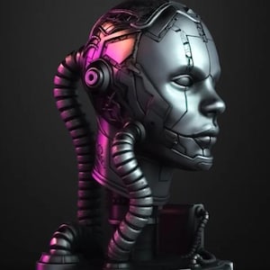 May include: A futuristic bust of a human-like figure with metallic features. The sculpture has a silver face with detailed mechanical components on the head and neck. Flexible, ribbed tubes extend from the neck. The base is a light gray color with a dark background.