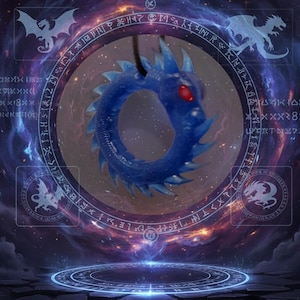 May include: A blue dragon pendant with red eyes, suspended against a cosmic background. The dragon is circular, with a spiky design. The background features a glowing portal, dragon silhouettes, and mystical symbols.