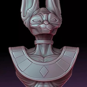 May include: A gray bust of a humanoid cat-like character with large ears, a collar, and a diamond-shaped design on the chest. The figure has a serene expression and is set against a black and purple gradient background.