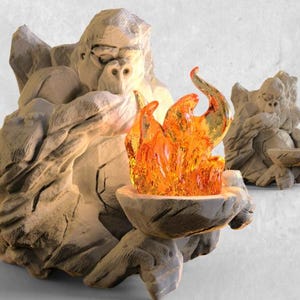 May include: A stone-like sculpture of a gorilla holding a bowl with a glowing orange flame. The gorilla is light brown with detailed textures. A smaller version of the sculpture is in the background. The flame is translucent.