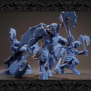 May include: A group of blue fantasy figures, each holding a large axe. The central figure has horns, wings, and an open mouth. The figures are in a dynamic pose, suggesting action. The background is a solid, neutral color.