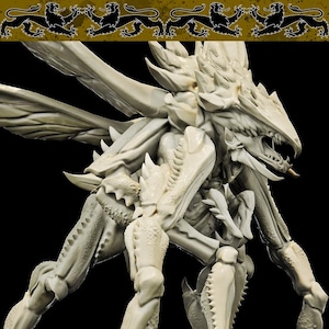 May include: A detailed, white, plastic model of a creature with a dragon-like head, wings, and multiple legs. The model is posed in a standing position with its head tilted to the side.