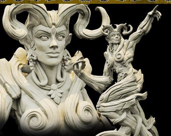 May include: Two white sculptures of a woman with horns and flowing hair. One sculpture is a bust, the other is a full figure in a dynamic pose, with arms raised. The sculptures have intricate details and are set against a black background.