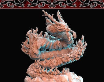 May include: A detailed sculpture of a dragon with a fiery mane and tail. The dragon is a light brown color and appears to be made of stone or a similar material. The dragon is posed in a dynamic, coiled position, with flames emanating from its body.