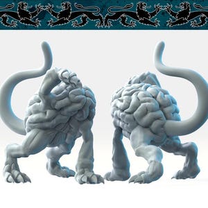 May include: Two gray, stylized monster figures with brain-like heads, curved tails, and clawed feet. The figures are in a crouching position, facing away from the viewer. A decorative border with black lion figures is at the top.