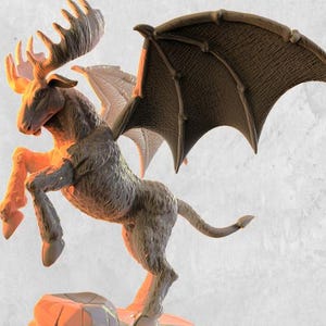 May include: A brown and gray 3D printed figurine of a mythical creature with the head and antlers of a moose, the body of a horse, and bat wings. The creature is standing on a rocky base.