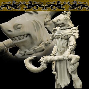 May include: A detailed, off-white sculpture of a humanoid shark warrior holding a curved weapon. The figure has shark-like features, armor, and a menacing expression. A larger shark head is visible in the background.