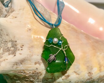 Sea Turtle Green Sea Glass Pendant