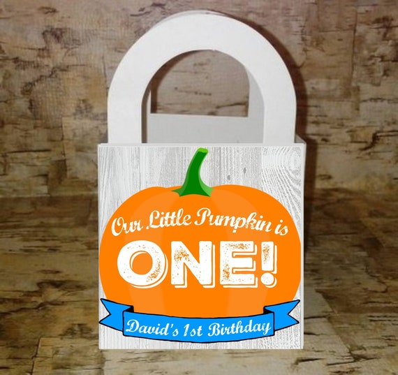 12 Personalized Our Little Pumpkin is One Treat Favor Goodie Loot Candy 1st Birthday Party Boxes Bags Fall Autumn Boy Blue Il_570xn