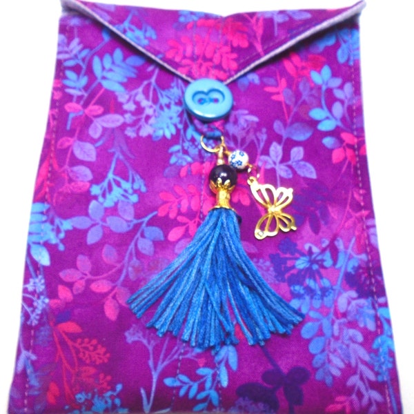 Pink purple blue flowers and leaves handmade quilted tarot card bag blue tassel beads butterfly charm