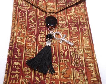Gold Egyptian hieroglyphics on copper handmade quilted tarot card bag handmade black tassel black beads silver ankh charm