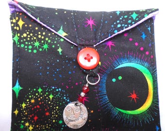 Handmade quilted tiny tarot card bag psychedelic stargazer silver moon charm black red green blue yellow