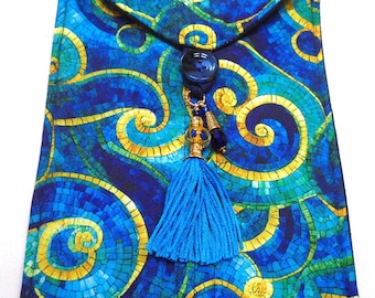 Mosaic spirals yellow green blue handmade quilted tarot card bag handmade blue tassel blue yellow gold beads