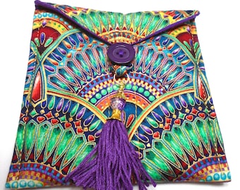 Jeweled fans Art Nouveau Egyptian handmade quilted medium tarot bag handmade purple tassel purple and gold beads