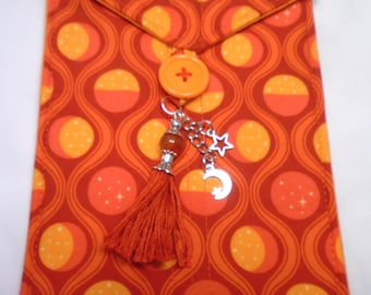 Moon phases with stars yellow orange handmade quilted tarot card bag handmade orange tassel beads silver moon & star charms