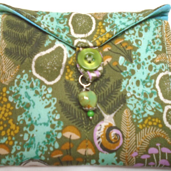 Woodland trail handmade quilted tiny tarot card bag green and silver beads brown aqua purple gold green
