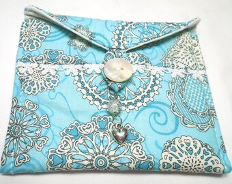 Hearts & flowers aqua and white handmade quilted tarot card bag handmade white tassel rhinestone bead antique silver cherub charm