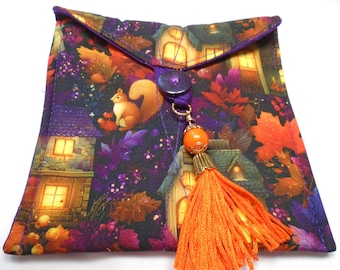 Tiny houses in the woods with leaves berries handmade quilted medium tarot card bag handmade orange tassel gold & orange beads