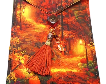 Lighted pathway in orange gold brown copper handmade quilted tarot card bag handmade copper tassel black gold copper beads orange leaf charm