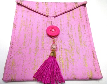 Pink brushed with gold handmade quilted medium tarot card bag pink tassel with pink & gold beads