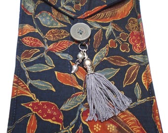 Copper red blue brown leaves flowers gold outline handmade quilted tarot card bag handmade gray tassel gray  silver beads silver leaf charm