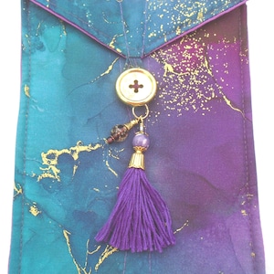Quilted Tarot Card Bag: Blue Turquoise Marble with Purple Tassel