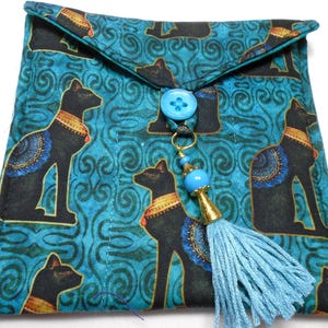 Bastet Cat Goddess Tarot Bag: Handmade Quilted Turquoise Pouch