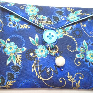 Handmade quilted tiny tarot card bag aqua gold floral on dark blue with pearl bead